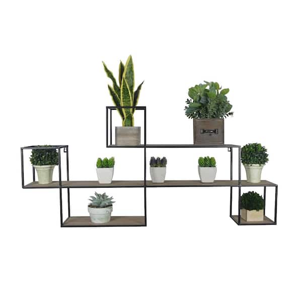 ADMIRED BY NATURE White Oak Wood Offset Wall-Mounted Metal Hanging Storage Floating Shelves, Black