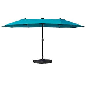 15 ft. Rectangle Patio Blue Umbrella with Solar Lights Double-Sided Outdoor Aluminum Umbrella with Crank Handle and Base