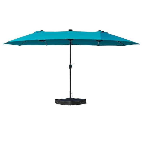 KOZYARD 15 ft. Rectangle Patio Blue Umbrella with Solar Lights Double-Sided Outdoor Aluminum Umbrella with Crank Handle and Base