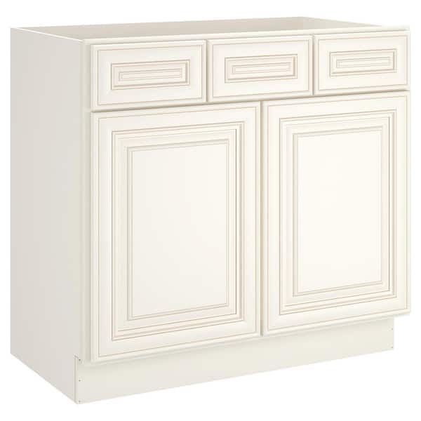 HOMEIBRO 36 in. W x 21 in. D x 34.5 in. H in Cameo White Plywood Ready to Assemble Vanity Base 2-Drawers Kitchen Cabinet