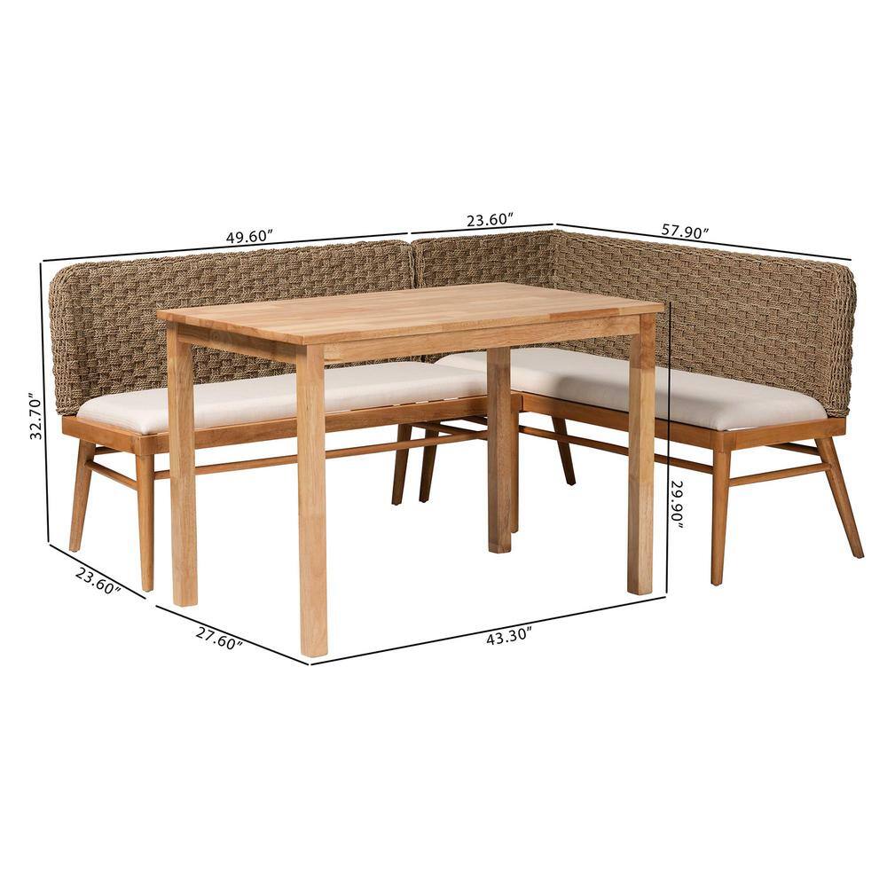 Denver Natural Seagrass and Acacia Wood 3-Piece Dining Nook Set