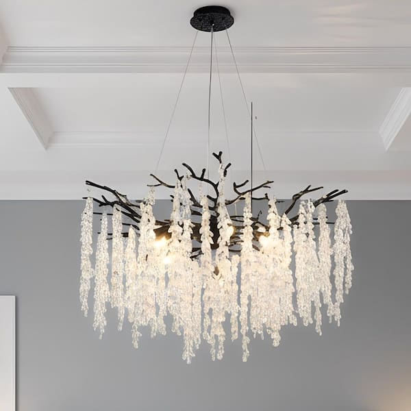 32 in. 10-Light Black Tree Branch Crystal Chandelier Modern Tassel Crystal Round Chandelier for Dining Room Living Room