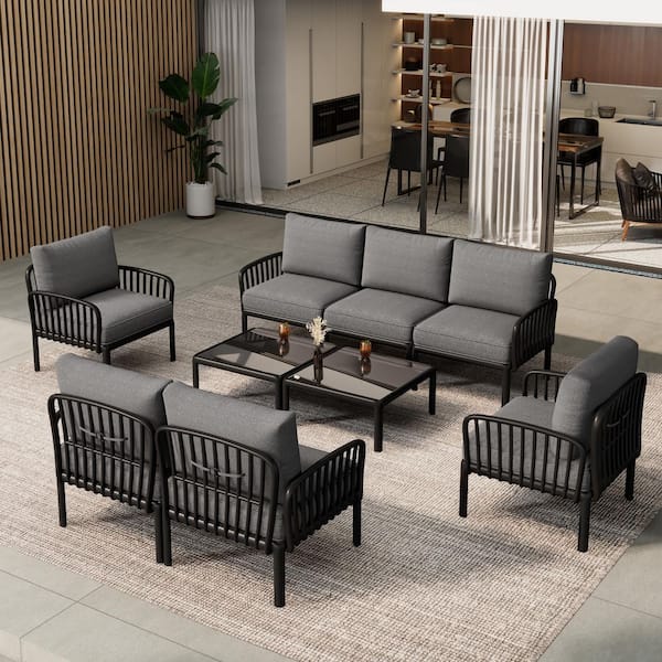 CHRISTOPHER KNIGHT HOME Modulo 7-Piece Patio Plastic Frame Outdoor Conversation Set with Dark Grey Cushions, Glass Table Top, Black