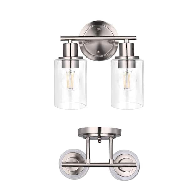 Hukoro GLA 10.44 in. 2-Light Brushed Nickel Vanity Light with Clear Glass Shade