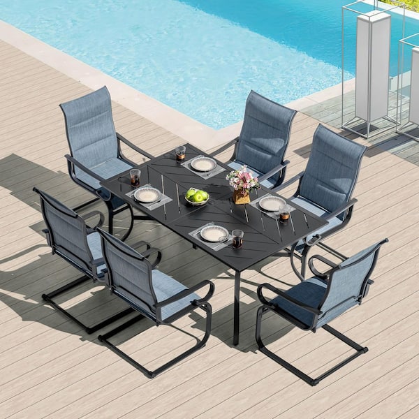 Black 7-Piece Padded Textilene Metal Rectangle Outdoor Dining Set with Umbrella Hole, Splice Tabletop, C-Spring Motion