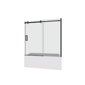 60 in. W x 58 in. H Double Sliding Tub Door in Matte Black with Clear Tempered Glass