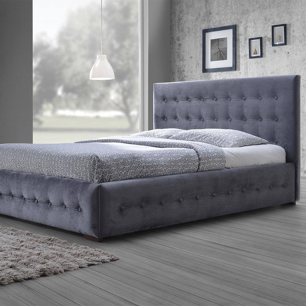 Queen Gray Velvet Tufted Upholstered Platform Bed