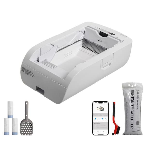 29.93 in. x 19.61 in. x 19.61 in. LED Displaying Cream White Smart Cat Litter Box, Medium Wide Opening Cat Litter Box