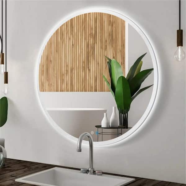 FAMYYT 32 in. W x 32 in. H Round Frameless Anti-Fog Dimmable LED Light Wall Bathroom Vanity Mirror