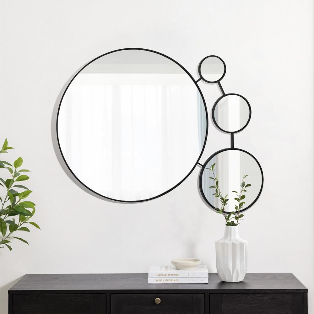 LuxenHome Black Metal Frame Round Wall Mirror with Small Mirrors