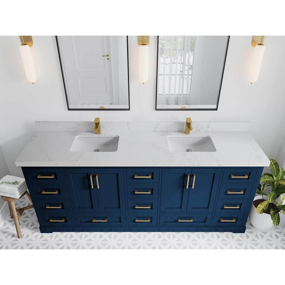 84" Navy Blue Solid Wood Double Sink Bathroom Vanity with Quartz Top