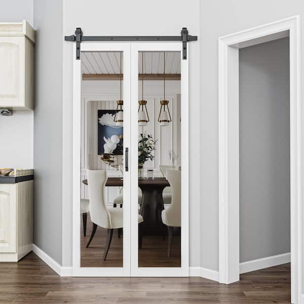 EH PUERTA 40 in. x 84 in. 1-Lite Mirrored Glass White Finished Composite Bi-Fold Sliding Barn Door with Hardware Kit