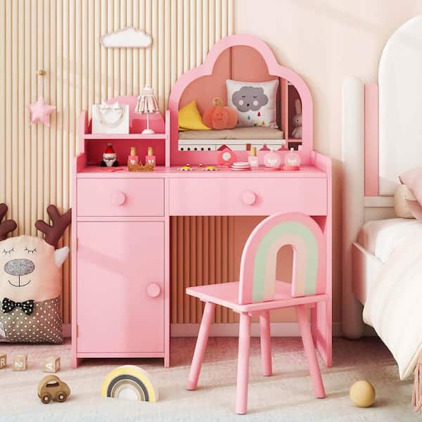 Costway 2-Piece Pink Kids Activity Table Kids Vanity Set with Cloud-Shaped Mirror Open Shelf Storage Drawers