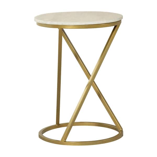 Coaster 14.5 in. White and Antique Gold Round Marble Top Accent Table