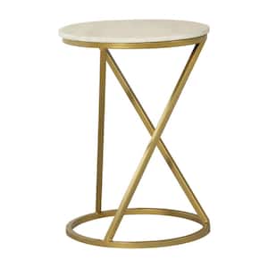 14.5 in. White and Antique Gold Round Marble Top Accent Table