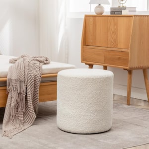 White Boucle Upholstered Round Accent Ottoman