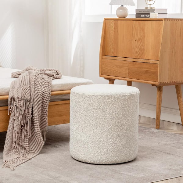 KINWELL White Boucle Upholstered Round Accent Ottoman