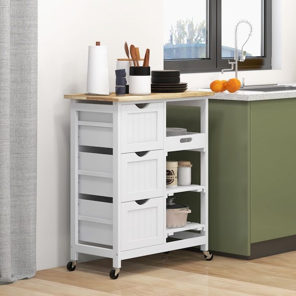 White Rubber Wood Top 14. 5 in. Kitchen Island with 3-Drawers, 1-Serving Tray and 2-Slatted Shelves