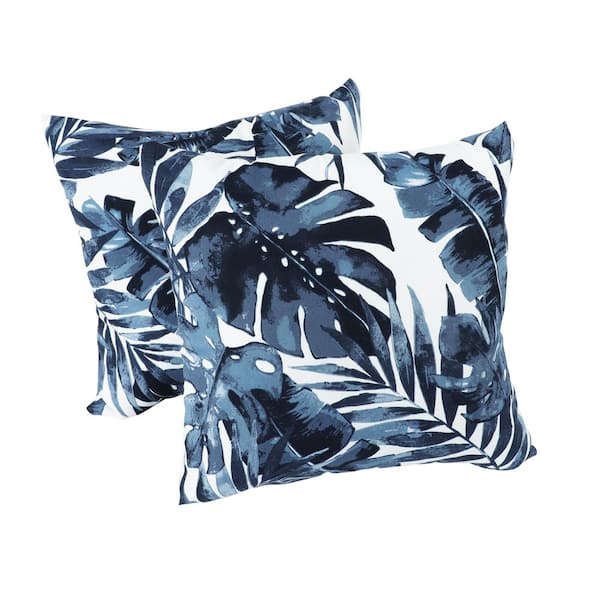 18 x 18 Dark Blue Leaf Square Outdoor Throw Pillow, Waterproof Patio Cushion for Garden, Porch, Poolside (2-Pack)