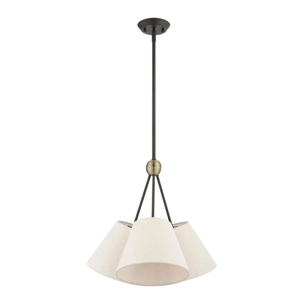 Elegant Symphony 3-Light Bronze & Crystal Chandelier with Oatmeal Fabric Shades