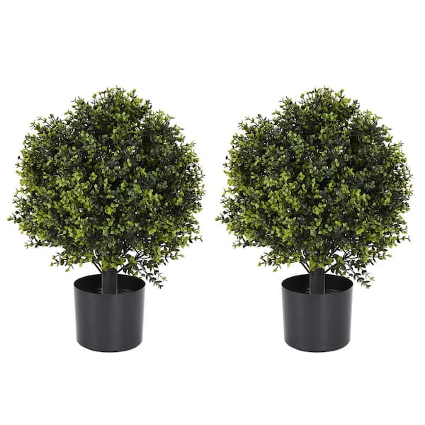 poetree 22 in. Artificial Ball Boxwood Topiary Trees Potted Faux Eucalyptus Outdoor Plants for Porch Door Decor 2-Pack