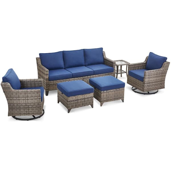6-Piece Wicker Patio Conversation Set with Blue Cushions, Curved handrail