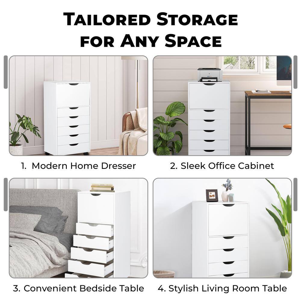 White 6-Drawer Mobile Lateral File Cabinet with Wheels