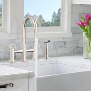 1-pieces  Double Handle Bridge Kitchen Faucet Side Spray Bath Hardware Set with Mounting Hardware in Brushed Nickel
