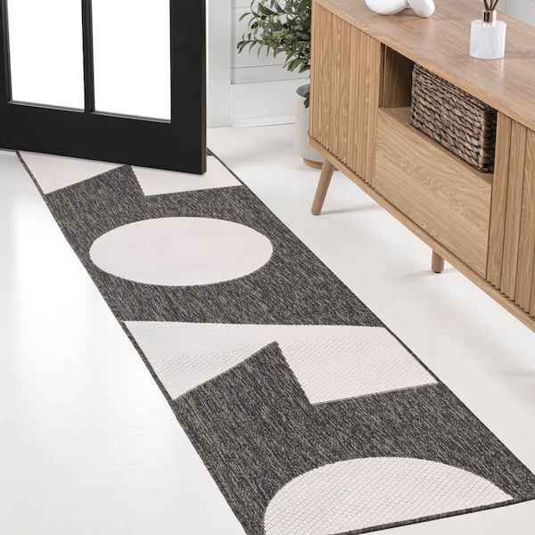 Lucian Modern Geometric Abstract 2-Tone Black/Cream 2 ft. x 8 ft. Indoor/Outdoor Runner Rug