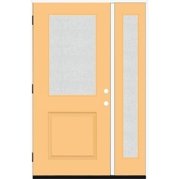 Steves & Sons Legacy 51 in. W x 80 in. 1/2 Lite Rain Glass RHOS Primed Jackfruit Finish Fiberglass Prehung Front Door with 12 in .SL