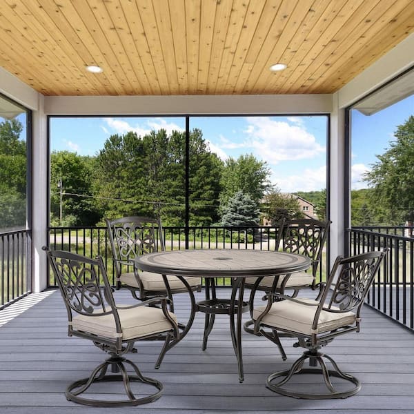 Kadehome 5-Piece Cast Aluminum Round Outdoor Dining Set and Backrest Swivel Chairs with Beige Cushions