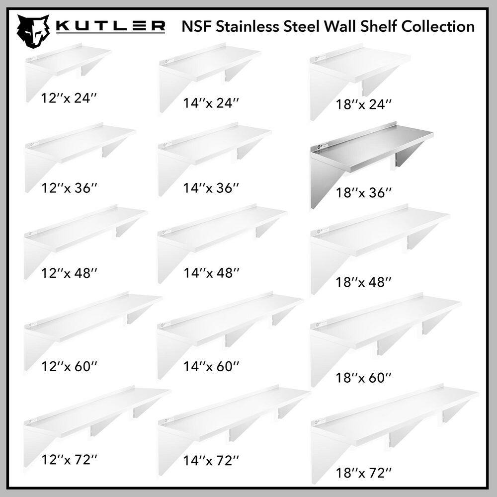 KUTLER 18" x 36" Stainless Steel Kitchen Wall Shelf with Backsplash