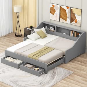Gray Convertible Twin to King Wood Daybed with Storage Bookcases, 2-Drawers and USB Charging