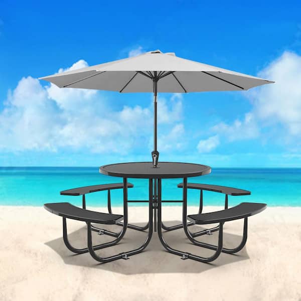Unbranded 78.7 in. Round Outdoor Steel Picnic Table with Umbrella Pole, Black