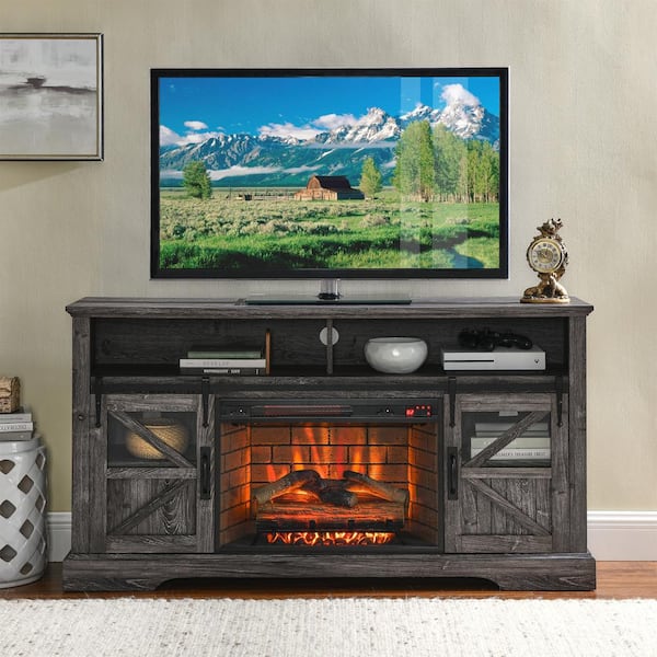 ToolCat 60 in. Freestanding Wooden Electric Fireplace TV Stand with Door Sensor in Dark Rustic Oak Fits TVs up to 70 in.