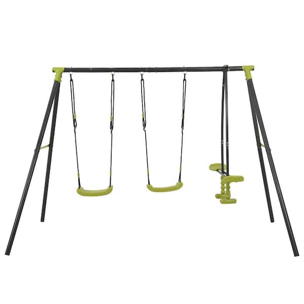 Metal Green and Black Outdoor Three Seat Swing Playset with Glider