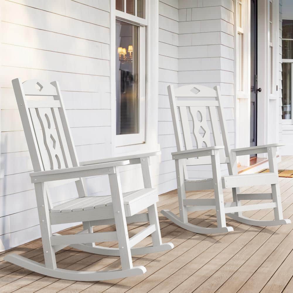 LUE BONA Oreo Classic White Recycled Plastic PolyWood Weather-Resistant Adirondack Porch Rocker Patio Outdoor Rocking Chair
