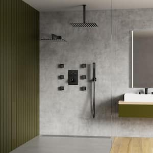 Thermostatic Valve 15-Spray 12 in. Square Ceiling Mount Dual Shower Head Shower System with 6-Jet in Matte Black