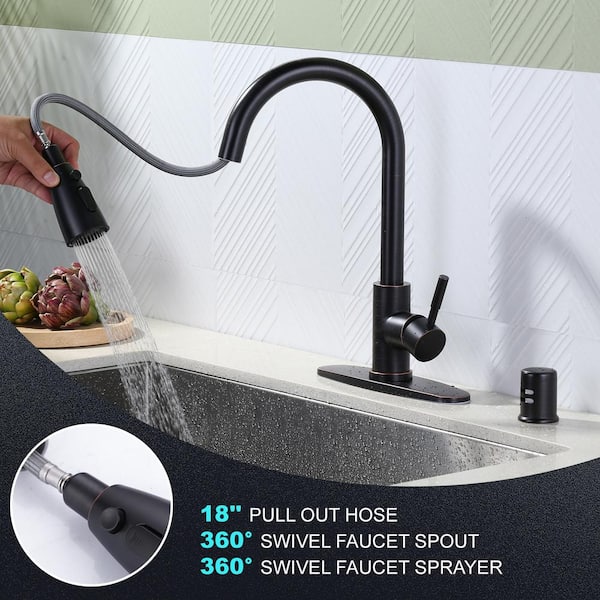 Single Handle Pull Down Sprayer Kitchen Faucet Stainless Steel with Deck Plate and Air Gap Kit in Oil Rubbed Bronze