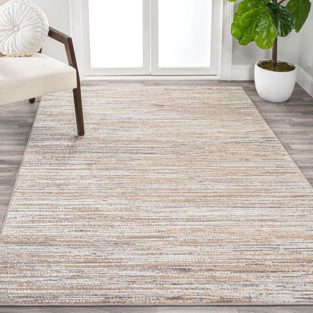 Beige and Gray Striped Synthetic Reversible Area Rug