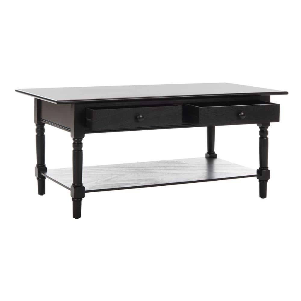 Distressed Black Pine Wood Rectangular Coffee Table with Storage