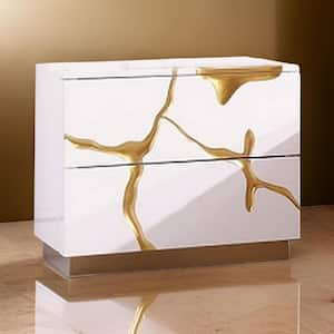 24 in. White and Gold 2-Drawers Wooden Nightstand