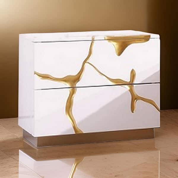 Benjara 24 in. White and Gold 2-Drawers Wooden Nightstand