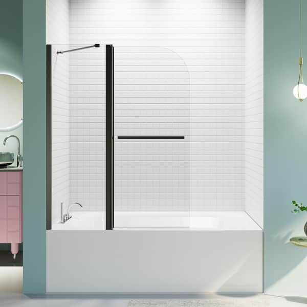 43 in. W x 58 in. H Frameless Foldable Swing Bathtub Shower Door Pivot Hinged Bath Tub Door in Black with Clear Glass