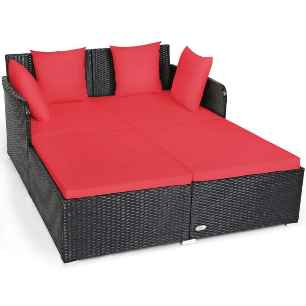 Black 1-Piece Wicker Spacious Outdoor Rattan Day Bed with Red Cushions, Pillows, Humanized Armrest and Curved Backrest price history on PriceWatchPro