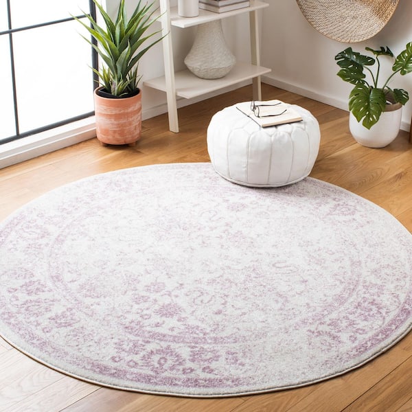 Adirondack Ivory/Lavender 8 ft. x 8 ft. Border Distressed Round Area Rug