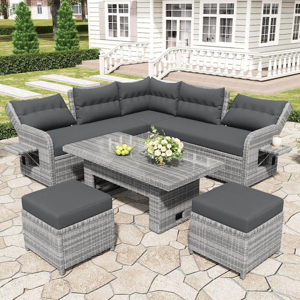 7-Piece Wicker Outdoor Conversation Patio Furniture Set with Gray Cushions
