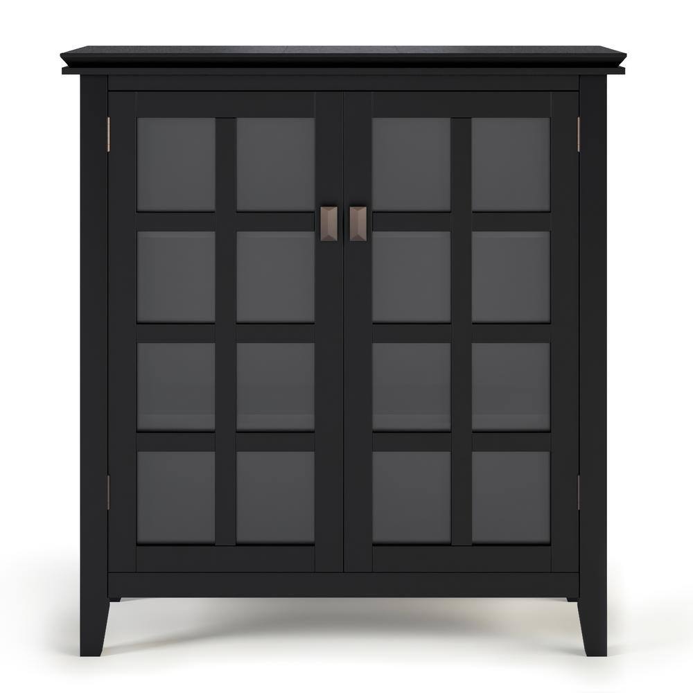Simpli Home Artisan 38"W Solid Wood 4-Shelf Medium Storage Cabinet with Glass Doors and Adjustable Shelves