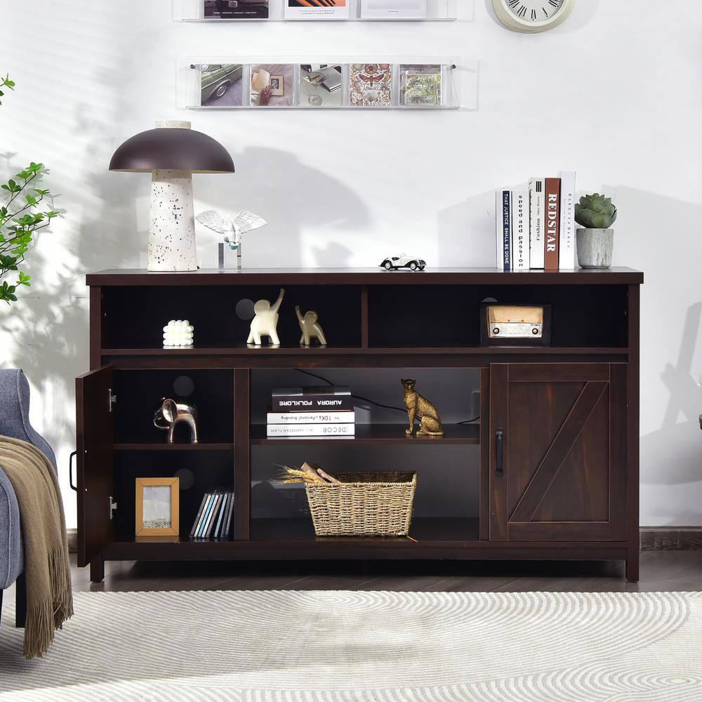 Coffee Brown 59'' Wood TV Stand with Fireplace Cabinet