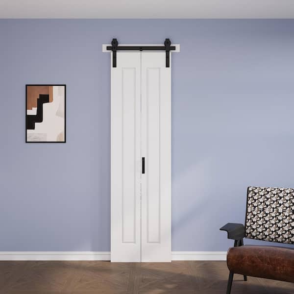 24 in. x 84 in. Assembled Bi-Fold 1 Panel White Primed DIY Available Hollow Core MDF Sliding Barn Door with Hardware Kit
